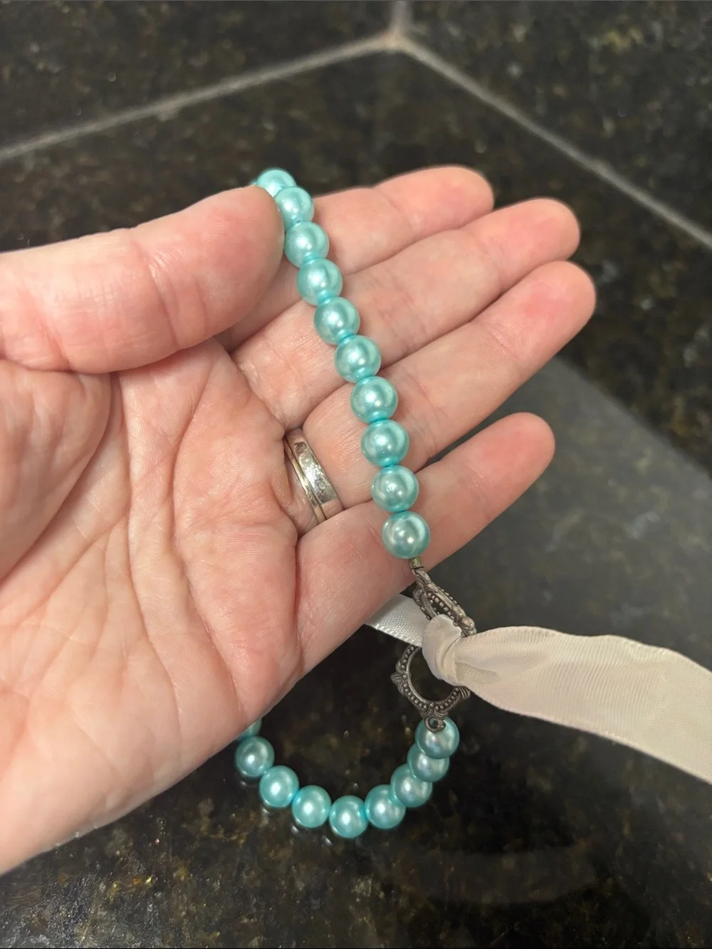 Vintage Blue Faux Pearl Choker Necklace with Silver Toggle/Ribbon Clasp-15.5”